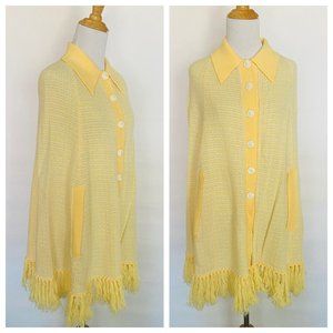 60s Yellow and White Sweater Cape // Wool Yellow P